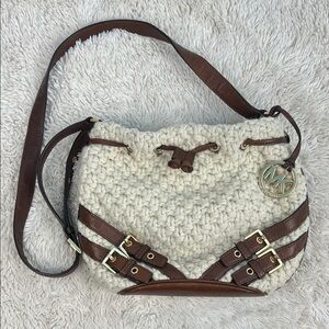 Michael Kors Milo Drawstring Wool Blend Knit Small Swing Bag cream and brown